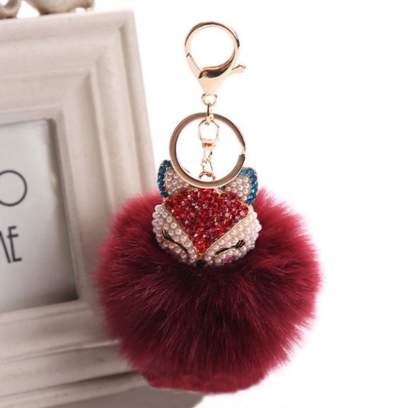Rhinestone Fox Furry Pom Pom Pearl Keychain Purse - Picture 1 of 4